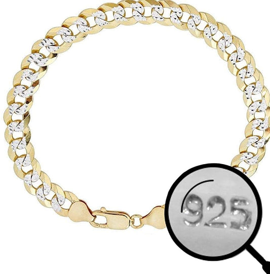 14KGold -Solid 925 Sterling Silver Bracelet Diamond Pave Bracelet.Men's Cuban Link Bracelet 14k Gold Over Solid 925 Sterling Silver Bracelet - 8.5" 8mm - Two Tone Diamond Cut Pave