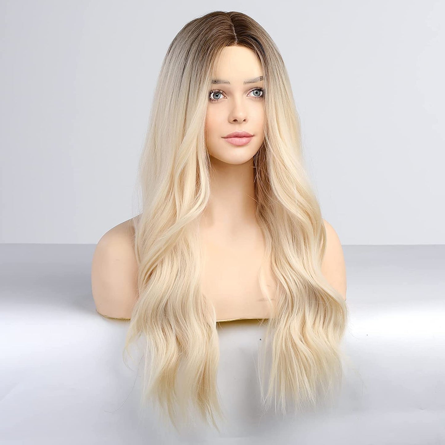 Platinum Blonde Brown Roots Middle Part Lace Front Wig