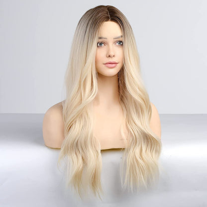 Platinum Blonde Brown Roots Middle Part Lace Front Wig