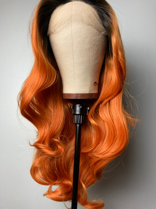 13×4 Lace Front Wigs Ombre Ginger Orange With Black Roots Cooper Hair Color Ginger Color  Wavy Wigs Orange Lace Front Wig Orange Ombré Dark Rooted Orange Cooper Hair Wigs Ginger Spice Color Hair