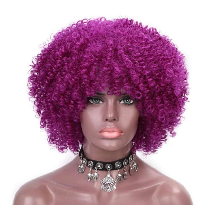 Afro Kinky Curly Purple Full Wigs With Bangs