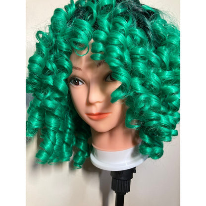 Short Bob Afro Curly Black and Green Wig With Bangs