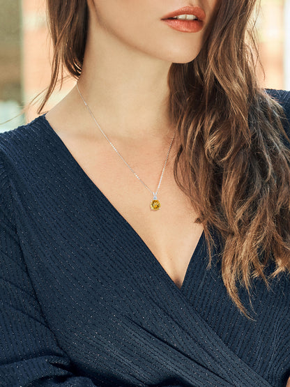 Solid 925 Sterling Silver Women's Pendant Necklace For Women|Yellow Citrine and White 