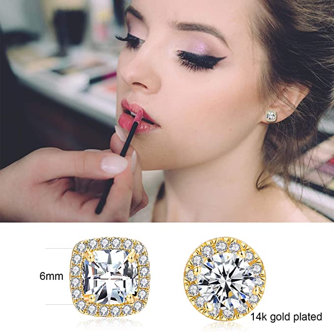18K Gold Plated Diamond Halo Stud Earrings