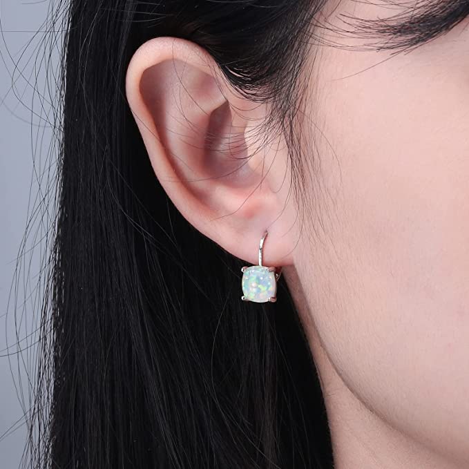 Square Opal Hoops Hanging Lever Earrings