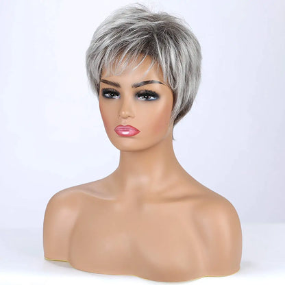 Short Pixie Cute Ombre Gray Human Hair Blend Wigs