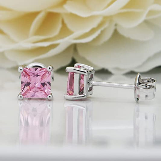 Created Pink Topaz 925 Streling SIlver Stud Earrings