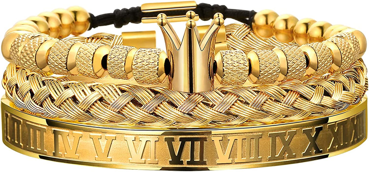 Gold Bracelets for Men Women - Stainless Steel Roman Numeral Bangle Bracelet Silver Adjustable Cuff Bracelet Mens Twisted Cable Bracelet 3Pcs Luxury Bracelets Jewelry Gifts