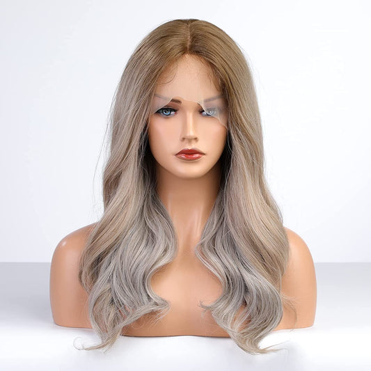 13X5 lace closure wigs Loose Wave Curly Wigs   Ombre Light Ash Blonde  Blonde Mixed Gray Middle Part Curly Wig Natural Synthetic Wig for Daily Use Party