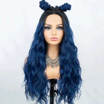 Ombre Blue-Black Roots Middle Parting Wavy Curly Lace Wig