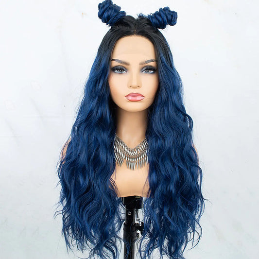 Ombre Blue-Black Roots Middle Parting Wavy Curly Lace Wig