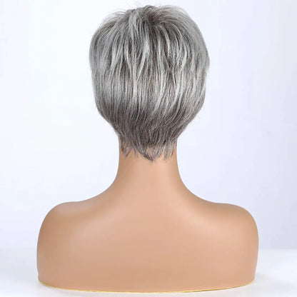 Short Pixie Cute Ombre Gray Human Hair Blend Wigs
