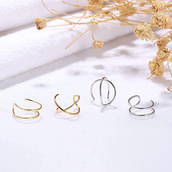 Silver+Gold 4Pcs 925 Sterling Silver Cuff Earring