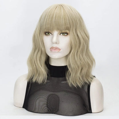 Blonde Short Bob Wavy Hair Wig with Bang