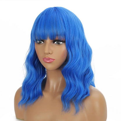 Sky Blue Wavy Wig with Bang