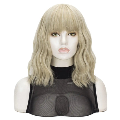 Blonde Short Bob Wavy Hair Wig with Bang