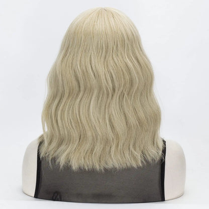 Blonde Short Bob Wavy Hair Wig with Bang