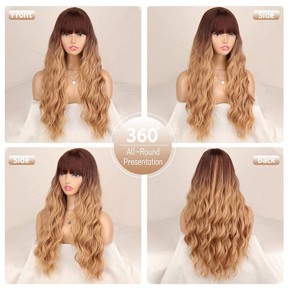 Long Blonde Wavy Wigs With Bangs for Women