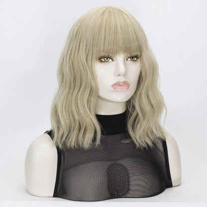 Blonde Short Bob Wavy Hair Wig with Bang