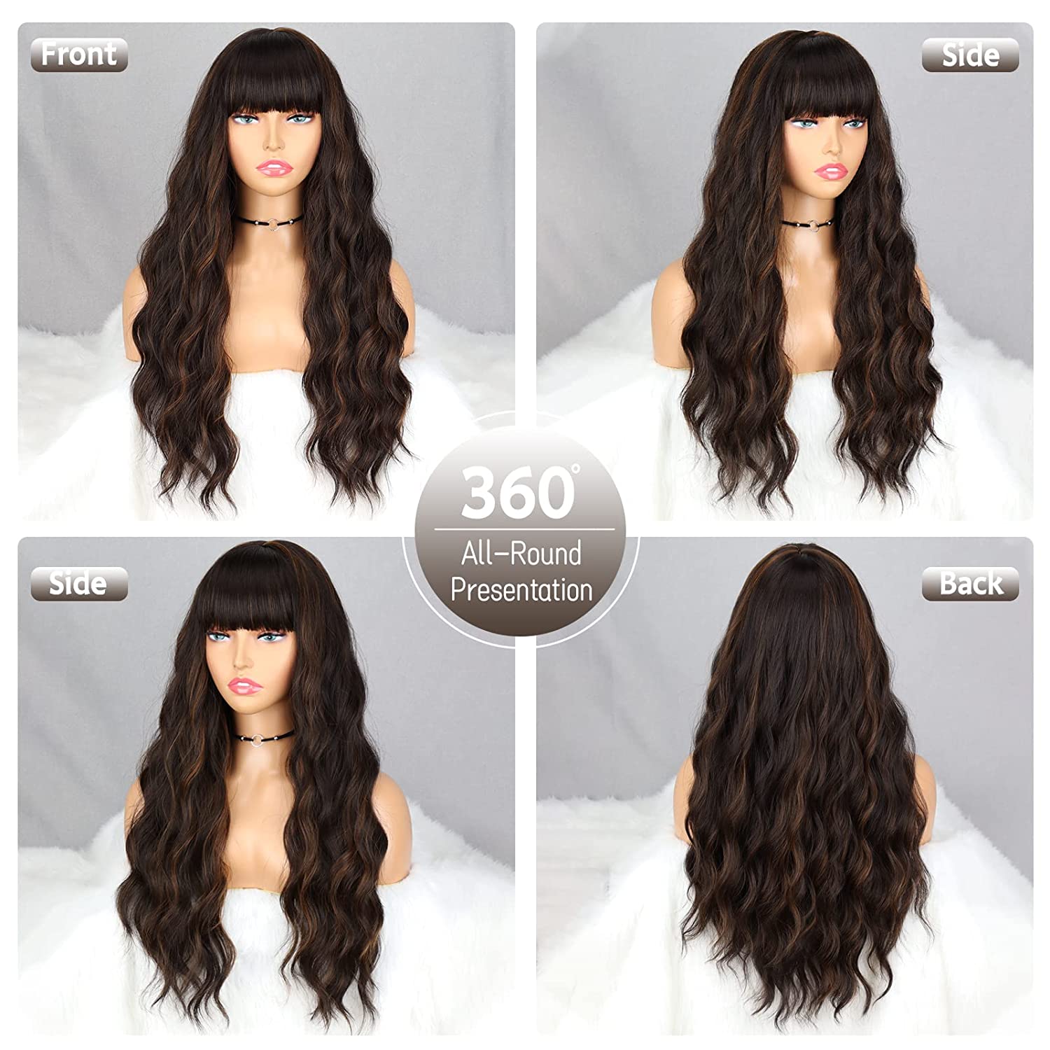 Long Highlight Dark Brown Wig with Bangs Long Brown Wavy Wigs for Women Highlights Brown Wig