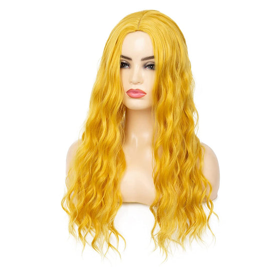Yellow Long Curly Wavy Orange Middle Part Wig