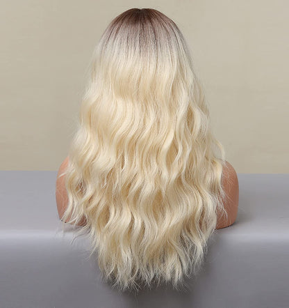Ombre Platinum Blonde Curly Wigs With Curtain Bangs