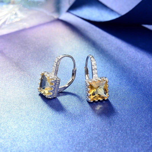 Created Citrine Princess Cut 925 Silver Earrings