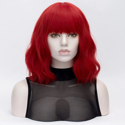 Red Wigs -Short Bob Wavy Hair Wig with Bang