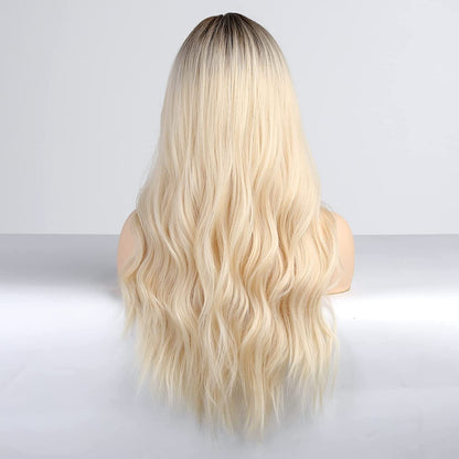 Platinum Blonde Brown Roots Middle Part Lace Front Wig