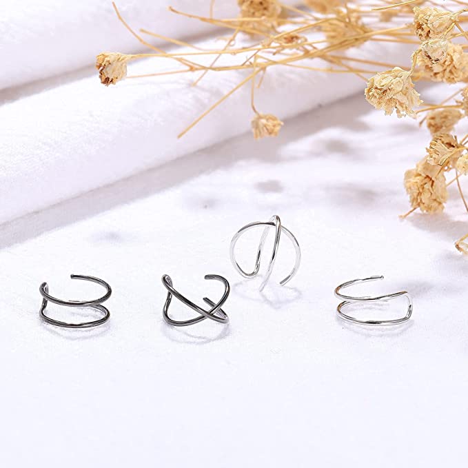 4Pcs Cuff Cartilage Earrings Silver+Black