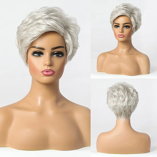 Short Silver Human Hair ,Synthetic Blend Pixie Cut Wigs