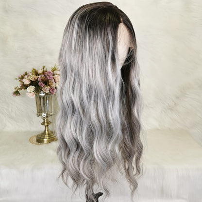 Dirty Gray Wigs Mixed Sliver Lace Front Wig Long Loose Wave Grey Synthetic Fiber Hair Highlighted Wig