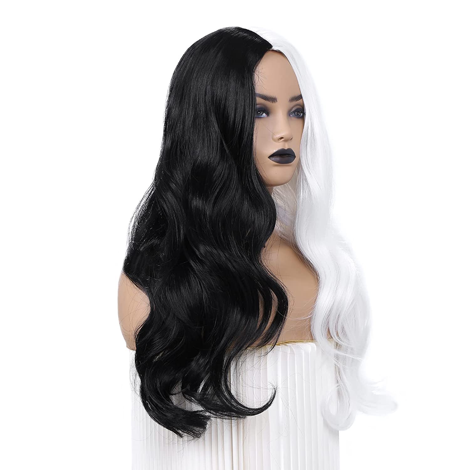 Half Black Half White Long Curly Wavy Wigs Synthetic Long wavy Wig Daily Party Cosplay Wigs