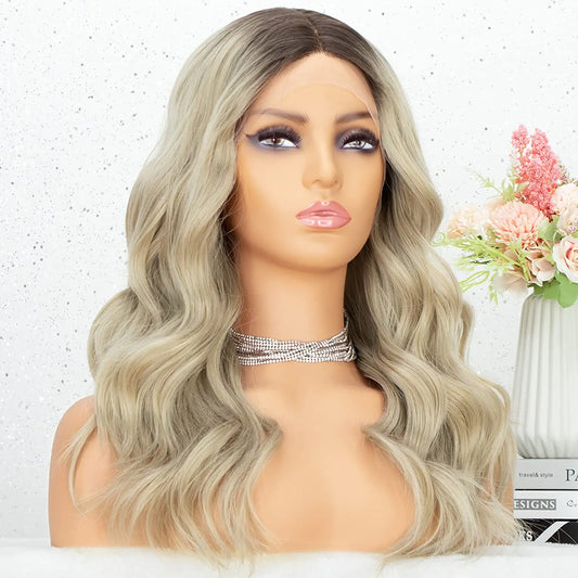 Ombre Blonde Roots Middle Parting Wavy Lace Wig