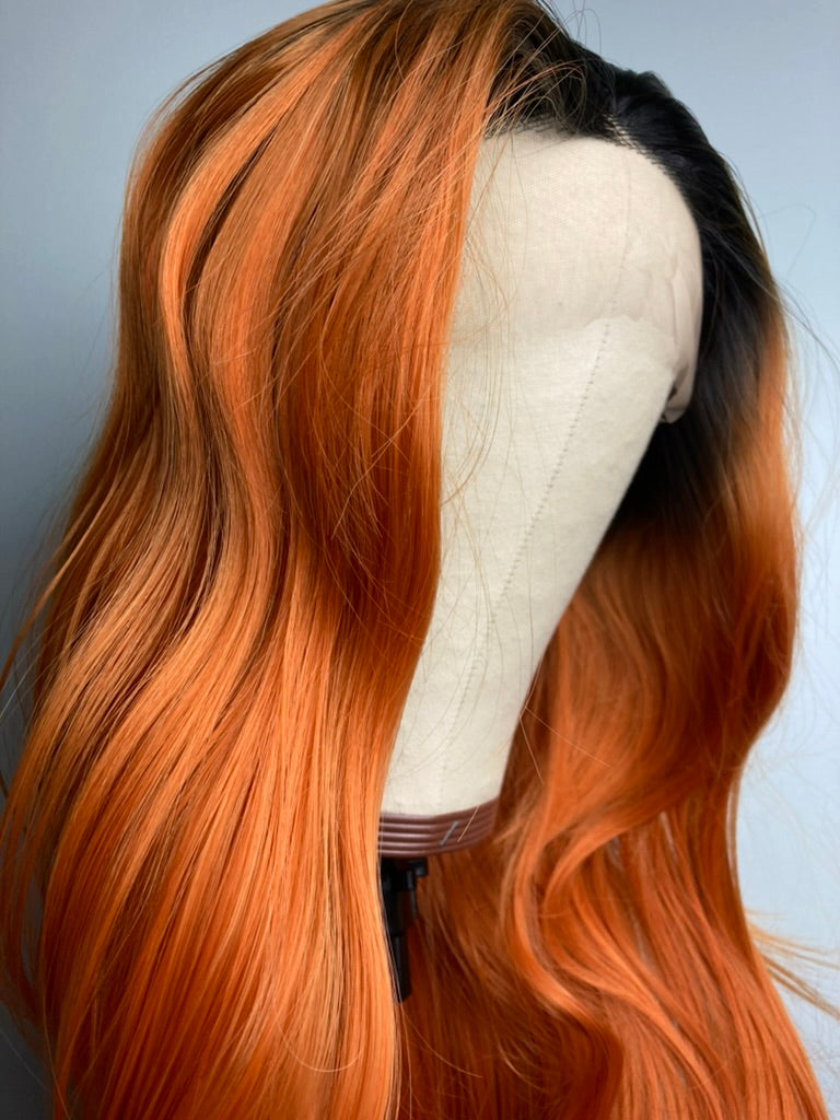 13×4 Lace Front Wigs Ombre Ginger Orange With Black Roots Cooper Hair Color Ginger Color  Wavy Wigs Orange Lace Front Wig Orange Ombré Dark Rooted Orange Cooper Hair Wigs Ginger Spice Color Hair