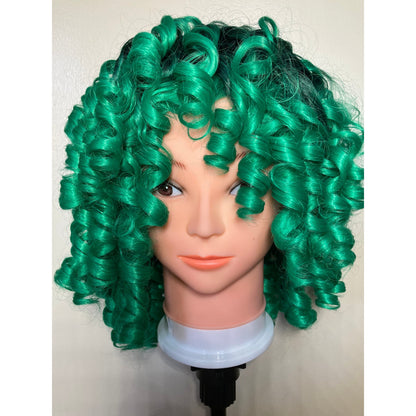 Short Bob Afro Curly Black and Green Wig With Bangs