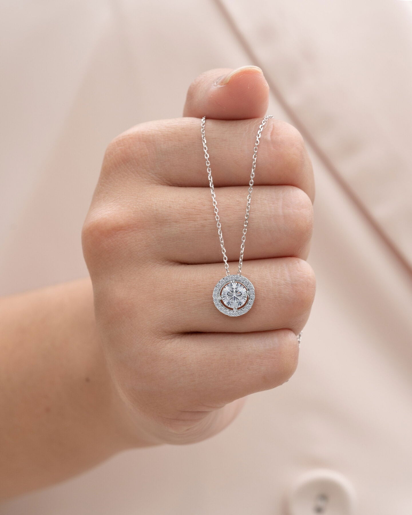 18k White Gold Solitaire 1.25 Carat Round Cut Halo Pendant Necklace