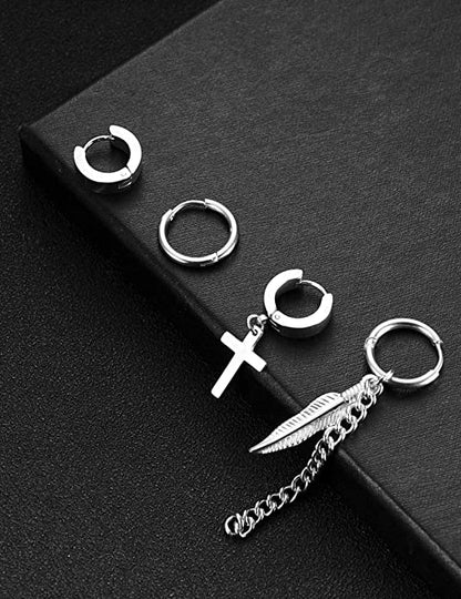 Silver Stainless Steel Cross Hoop Earrings