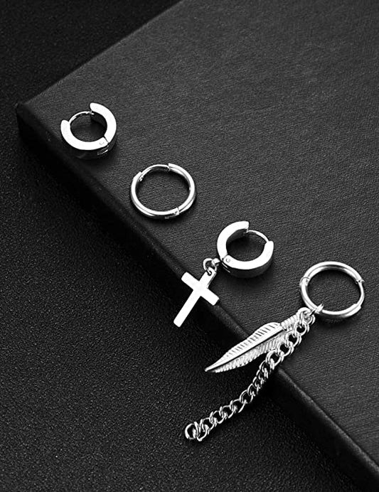 Silver Stainless Steel Cross Hoop Earrings