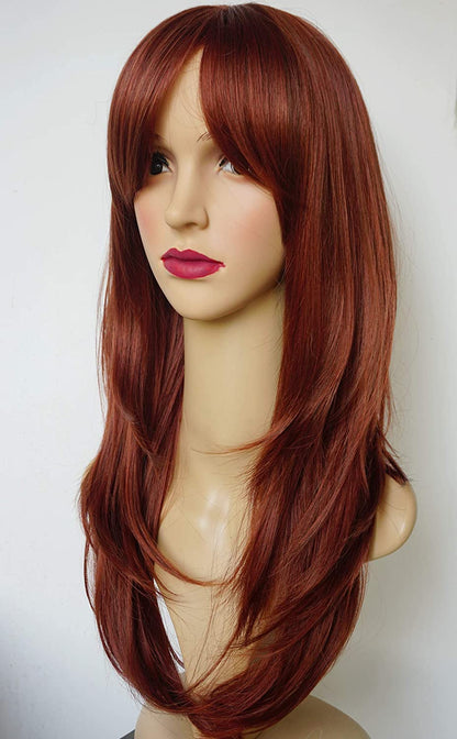 Long Layered Shoulder Length Dark Red Wig
