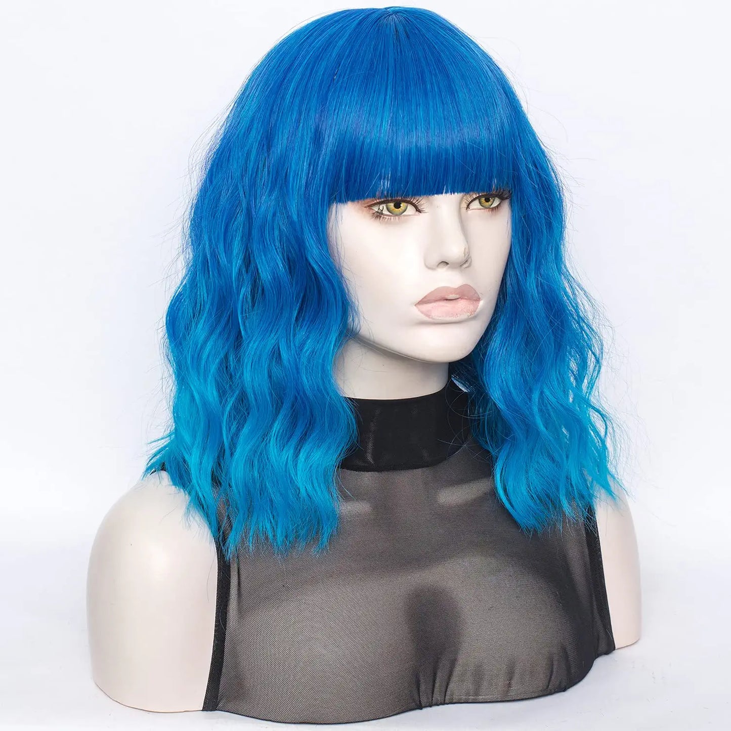 Teal Blue Short Bob Wavy Hair Wig with Bangs