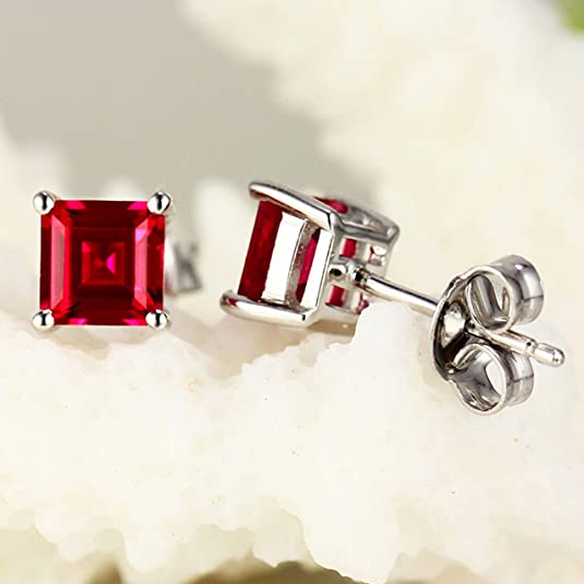 925 Sterling Silver Ruby Stud Earrings Red