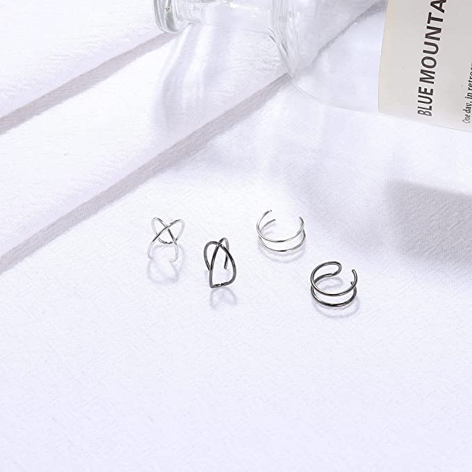 4Pcs Cuff Cartilage Earrings Silver+Black