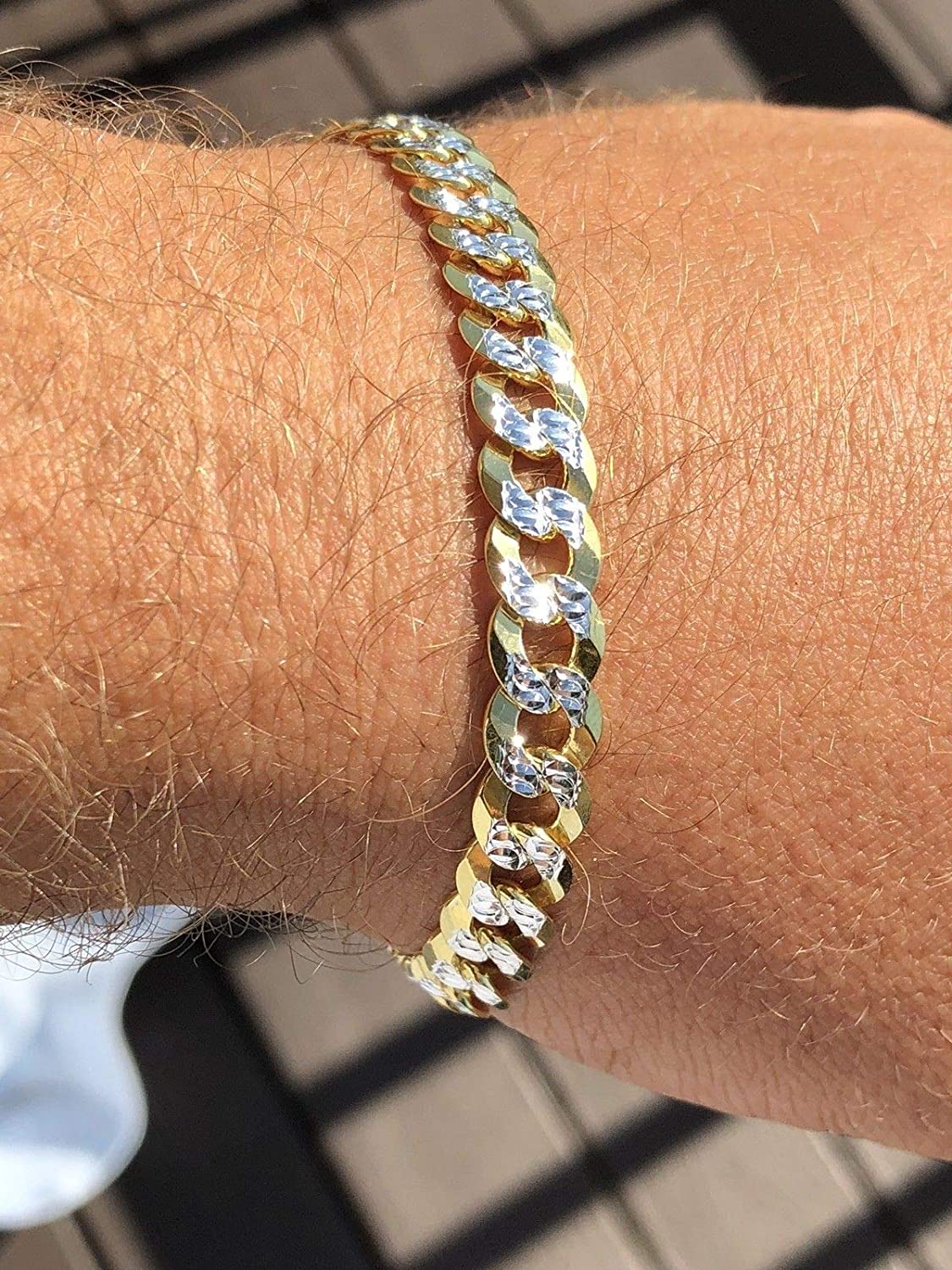 14KGold -Solid 925 Sterling Silver Bracelet Diamond Pave Bracelet.Men's Cuban Link Bracelet 14k Gold Over Solid 925 Sterling Silver Bracelet - 8.5" 8mm - Two Tone Diamond Cut Pave