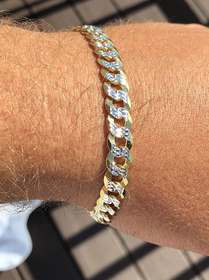 14KGold -Solid 925 Sterling Silver Bracelet Diamond Pave Bracelet.Men's Cuban Link Bracelet 14k Gold Over Solid 925 Sterling Silver Bracelet - 8.5" 8mm - Two Tone Diamond Cut Pave