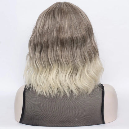 Ombre Brown Mix Short Bob Wavy Hair Wig with Bang