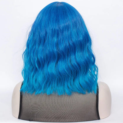 Teal Blue Short Bob Wavy Hair Wig with Bangs