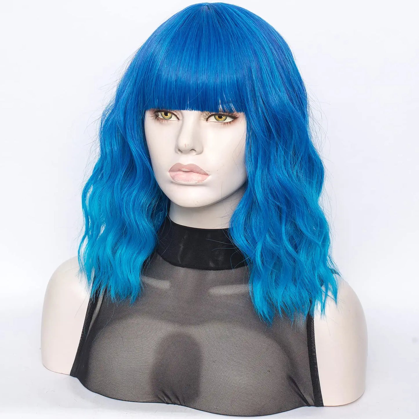 Teal Blue Short Bob Wavy Hair Wig with Bangs