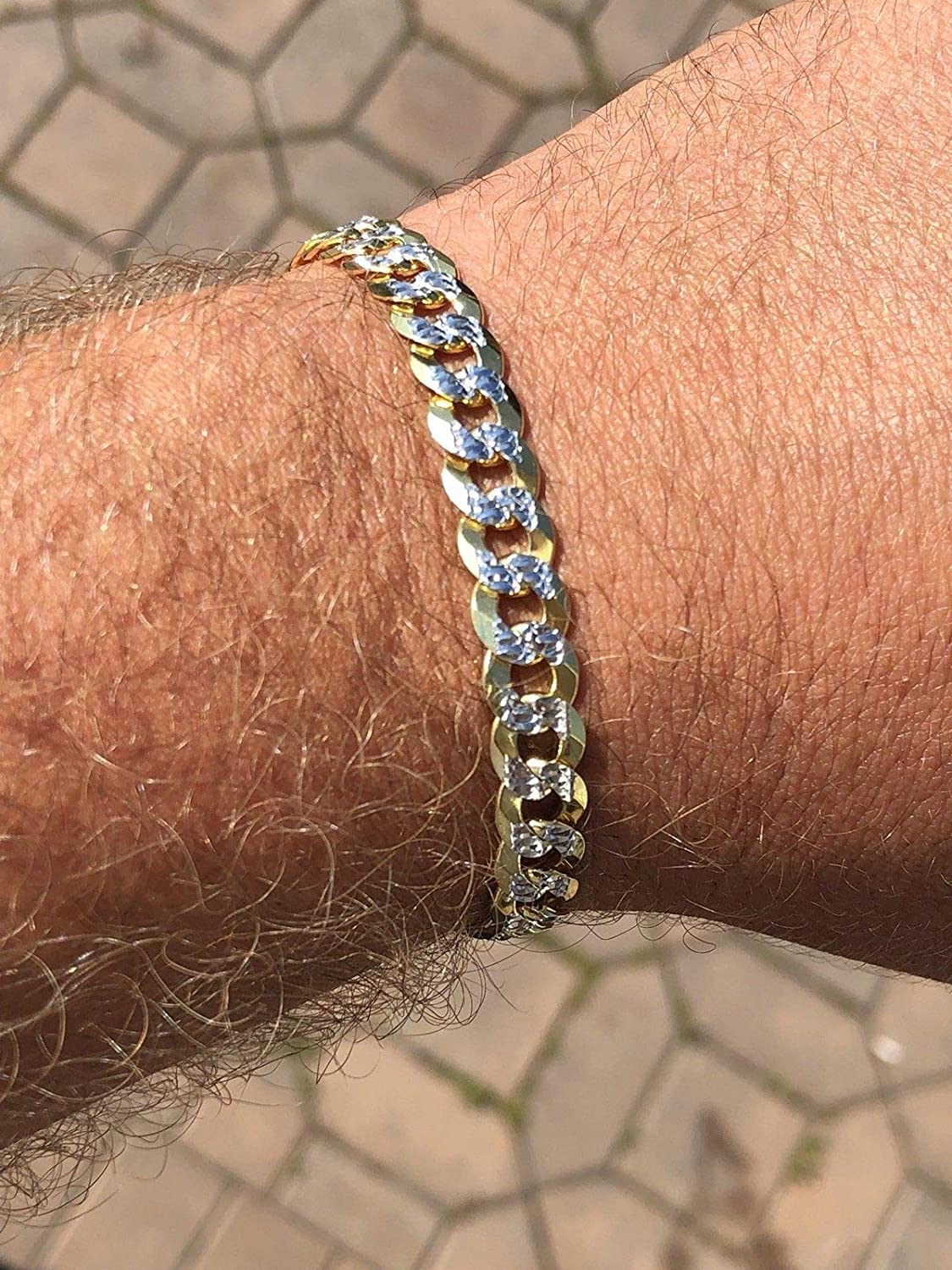 14KGold -Solid 925 Sterling Silver Bracelet Diamond Pave Bracelet.Men's Cuban Link Bracelet 14k Gold Over Solid 925 Sterling Silver Bracelet - 8.5" 8mm - Two Tone Diamond Cut Pave