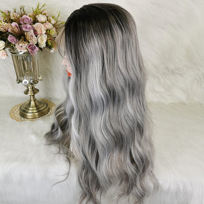 Dirty Gray Wigs Mixed Sliver Lace Front Wig Long Loose Wave Grey Synthetic Fiber Hair Highlighted Wig